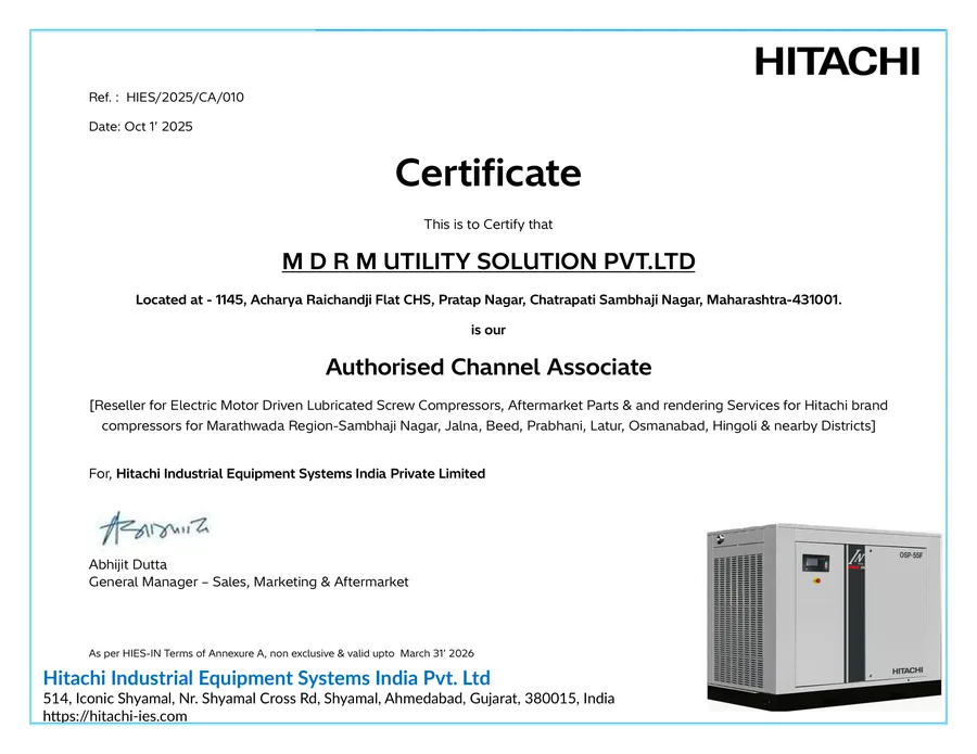 Hitachi Authorised Channel Associate certificate for M D R M Utility Solution Pvt. Ltd