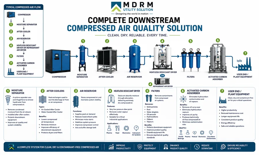 MDRM complete downstream compressed air quality solution diagram showing compressor, moisture separator, after cooler, air reservoir, heatless desiccant or refrigerant dryer, filters and activated carbon adsorber
