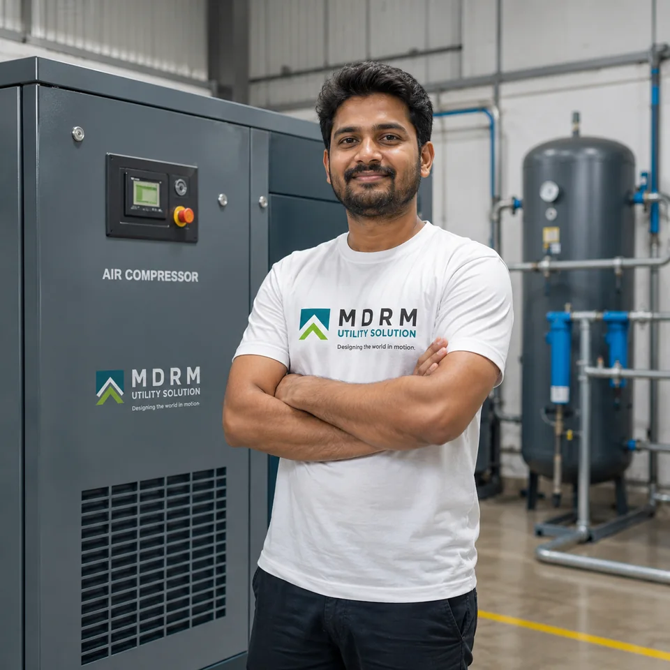 MDRM engineer in front of a Hitachi air compressor